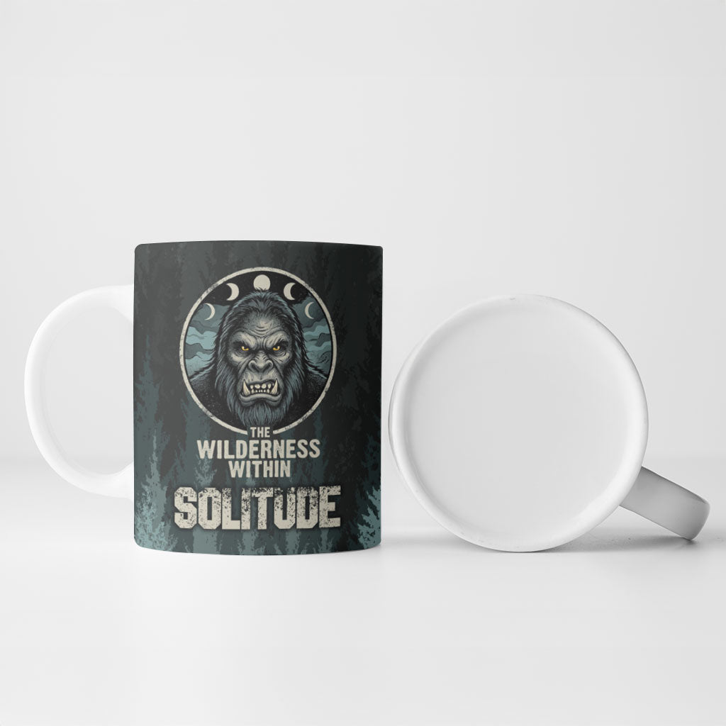 Bigfoot Wilderness Solitude Ceramic Mug Cryptid Forest Graphic In Distressed Vintage Style