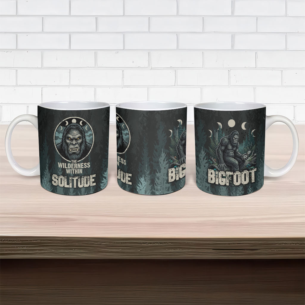 Bigfoot Wilderness Solitude Ceramic Mug Cryptid Forest Graphic In Distressed Vintage Style