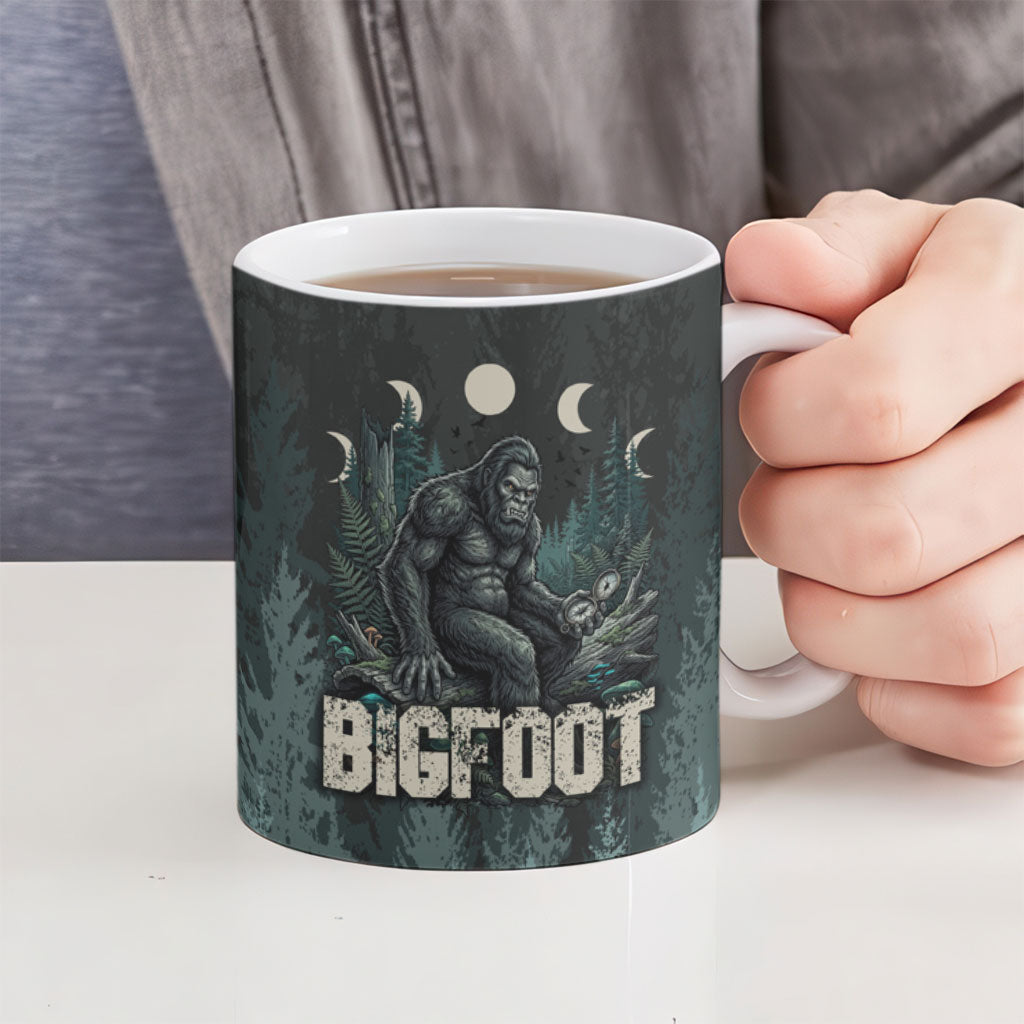Bigfoot Wilderness Solitude Ceramic Mug Cryptid Forest Graphic In Distressed Vintage Style