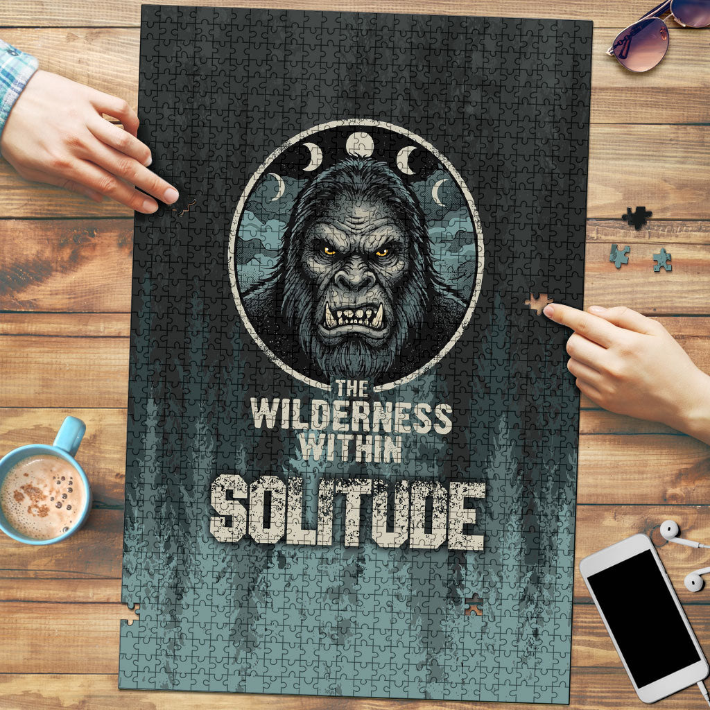 Bigfoot Wilderness Solitude Puzzle Cryptid Forest Graphic In Distressed Vintage Style