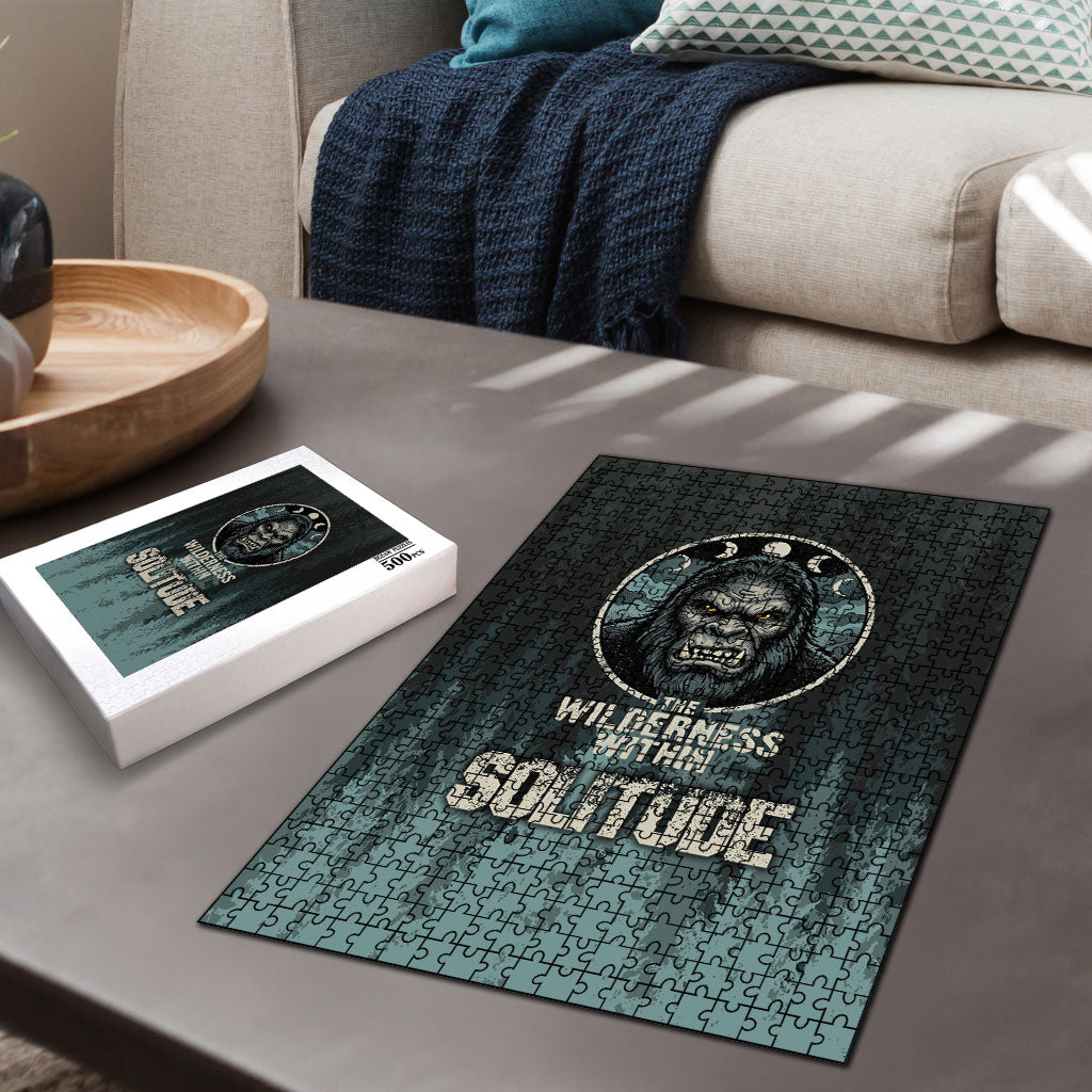 Bigfoot Wilderness Solitude Puzzle Cryptid Forest Graphic In Distressed Vintage Style