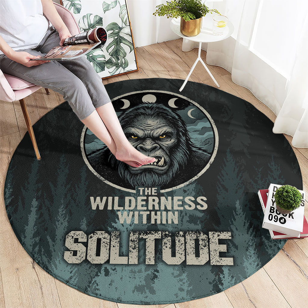Bigfoot Wilderness Solitude Round Carpet Cryptid Forest Graphic In Distressed Vintage Style