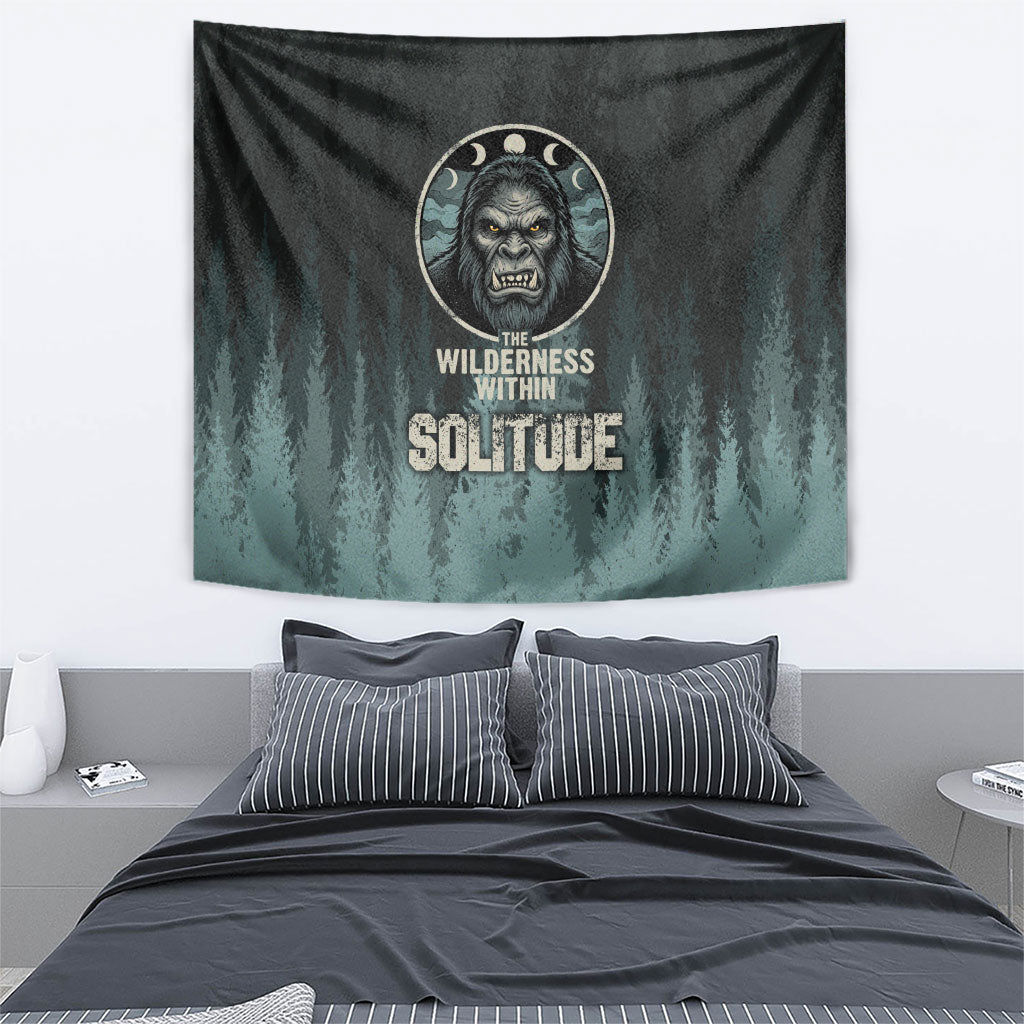 Bigfoot Wilderness Solitude Tapestry Cryptid Forest Graphic In Distressed Vintage Style