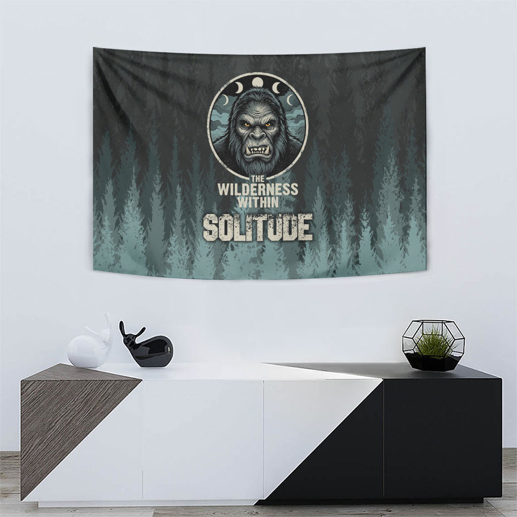 Bigfoot Wilderness Solitude Tapestry Cryptid Forest Graphic In Distressed Vintage Style