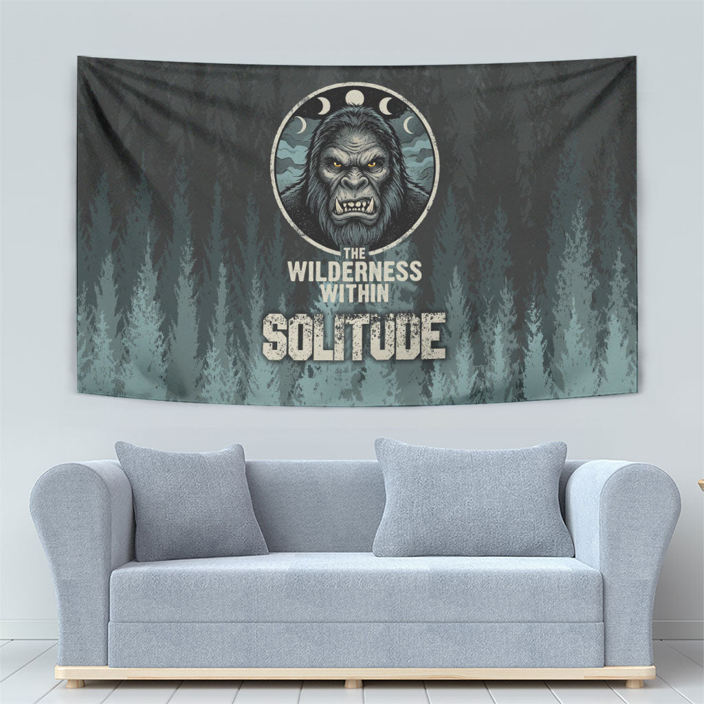 Bigfoot Wilderness Solitude Tapestry Cryptid Forest Graphic In Distressed Vintage Style