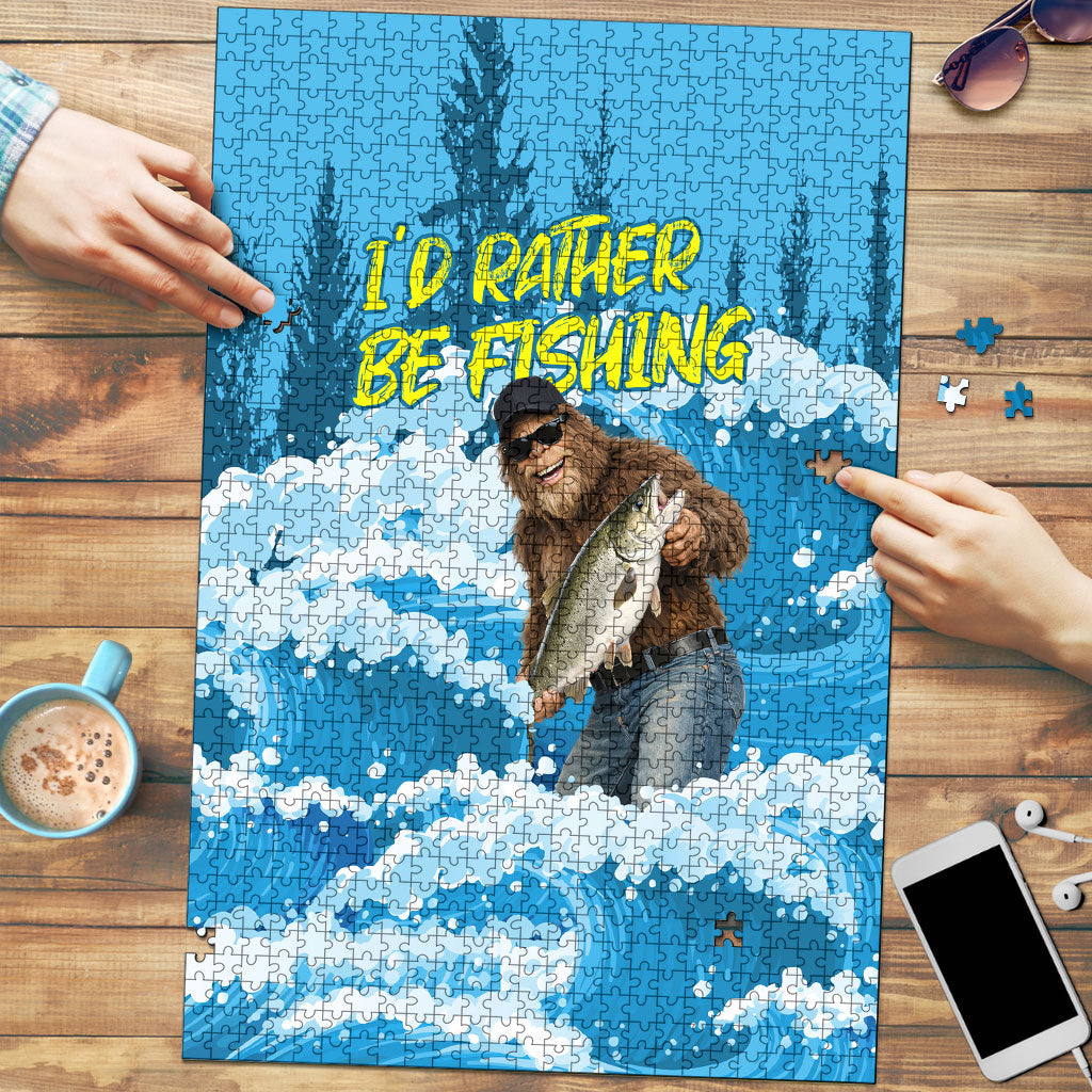 Bigfoot Sasquatch I'd Rather Be Fishing Puzzle Funny Angler Humorous Outdoors Graphic Art