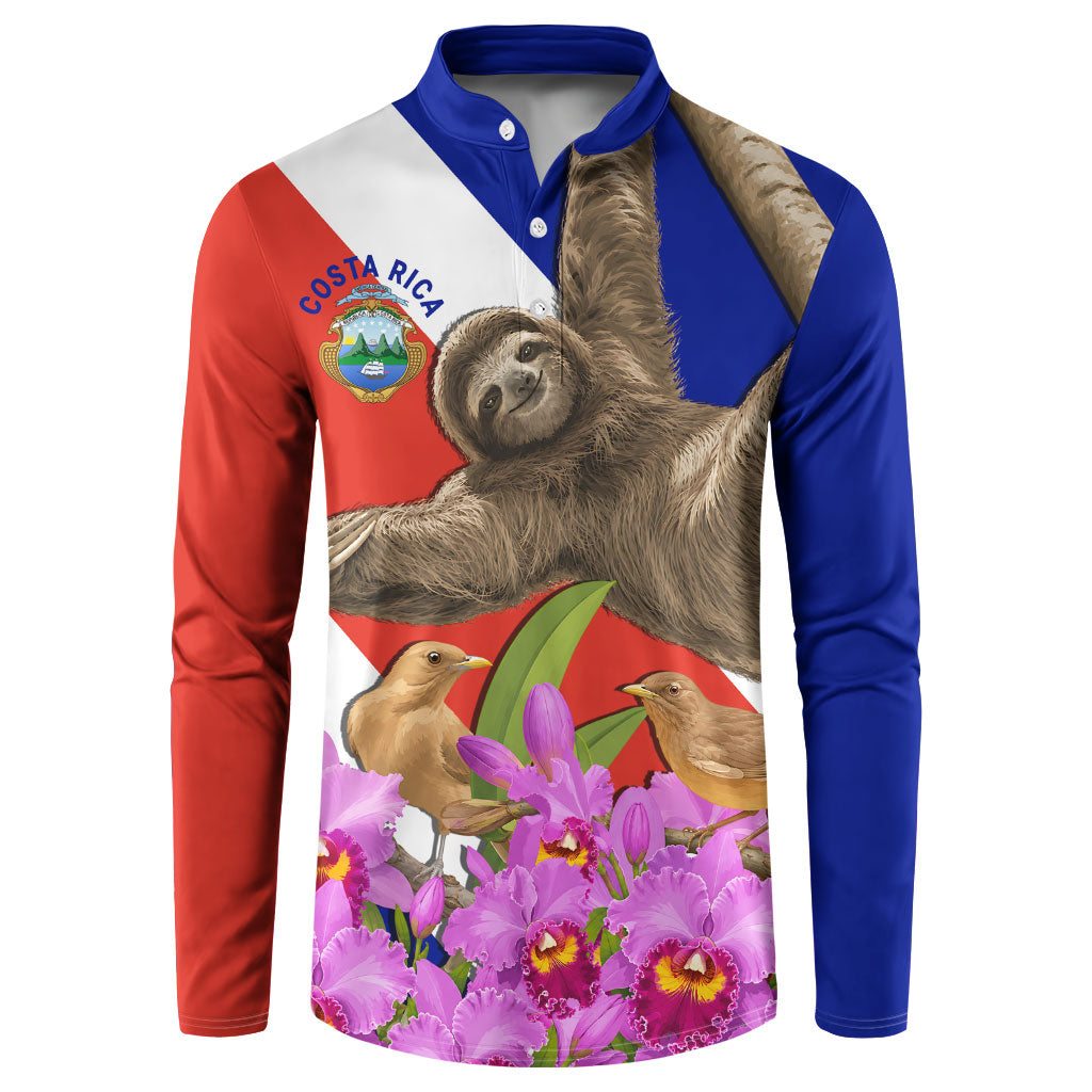 Costa Rica Pura Vida Sloth And Map Button Sweatshirt Patriotic National Symbols Guaria Morada Flag Art