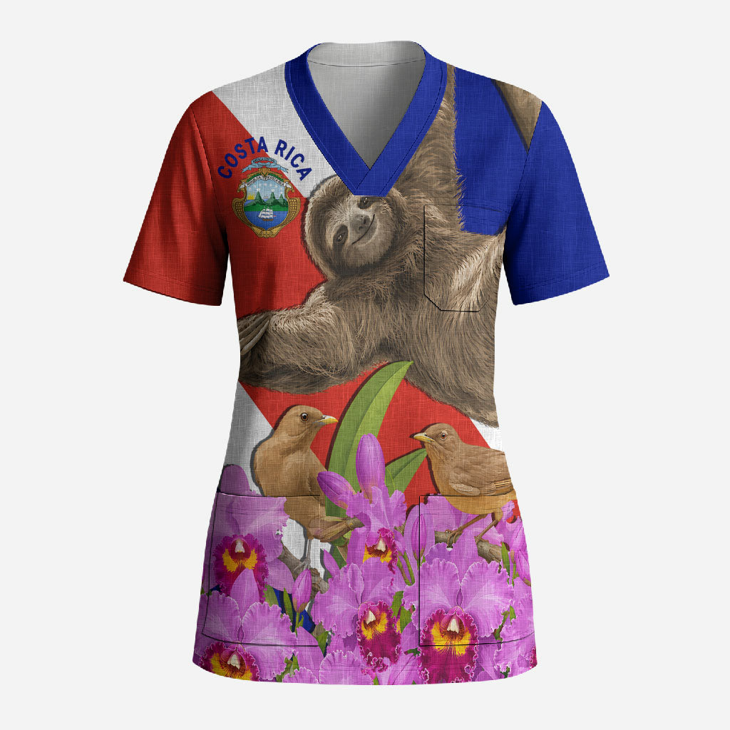Costa Rica Pura Vida Sloth And Map Scrub Top Patriotic National Symbols Guaria Morada Flag Art