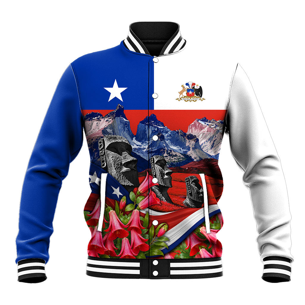 Chile Moai Statues And Andean Mountains Baseball Jacket Patriotic National Symbols Copihue Flower Art