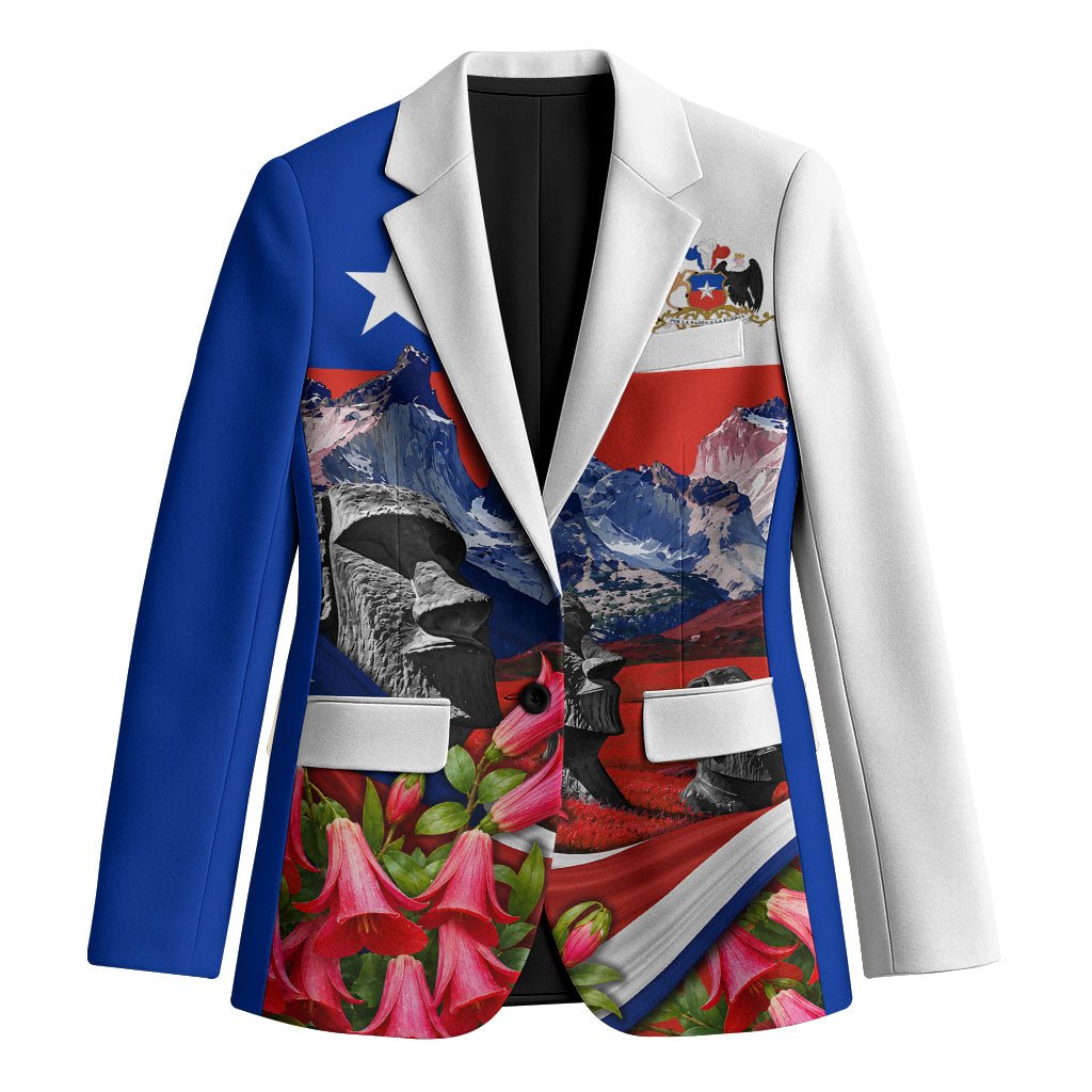 Chile Moai Statues And Andean Mountains Blazer Patriotic National Symbols Copihue Flower Art