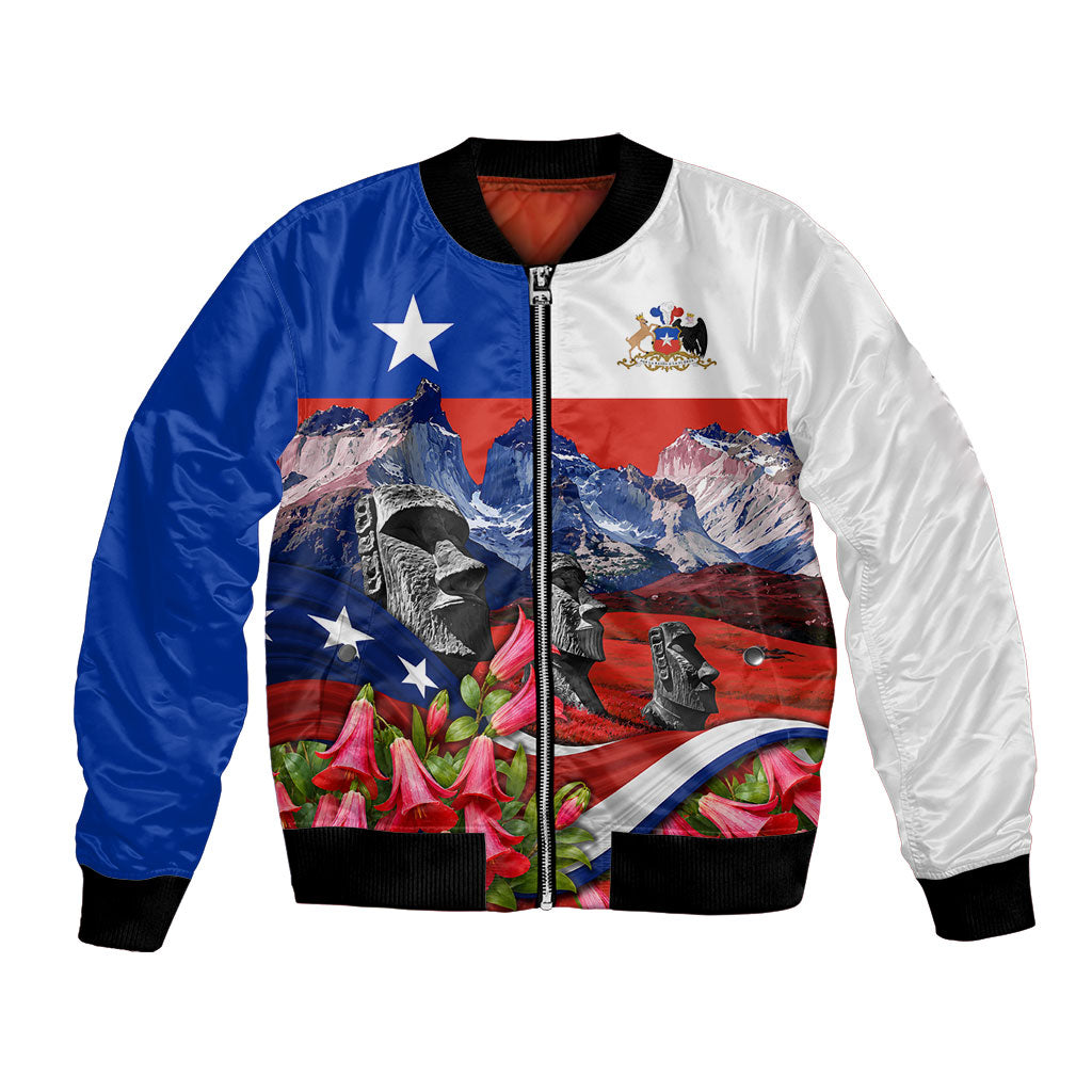 Chile Moai Statues And Andean Mountains Bomber Jacket Patriotic National Symbols Copihue Flower Art