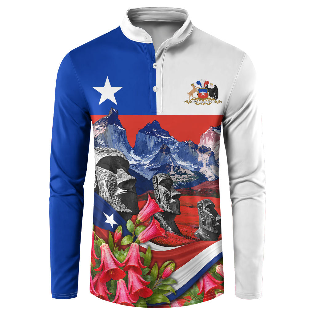 Chile Moai Statues And Andean Mountains Button Sweatshirt Patriotic National Symbols Copihue Flower Art
