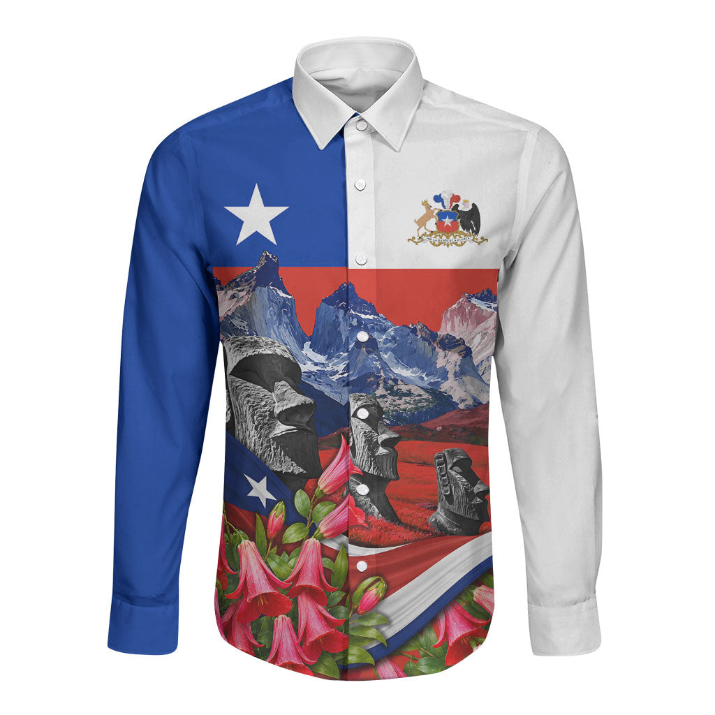 Chile Moai Statues And Andean Mountains Long Sleeve Button Shirt Patriotic National Symbols Copihue Flower Art