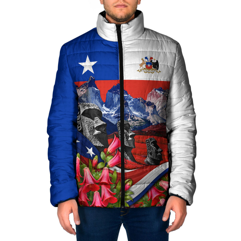 Chile Moai Statues And Andean Mountains Padded Jacket Patriotic National Symbols Copihue Flower Art