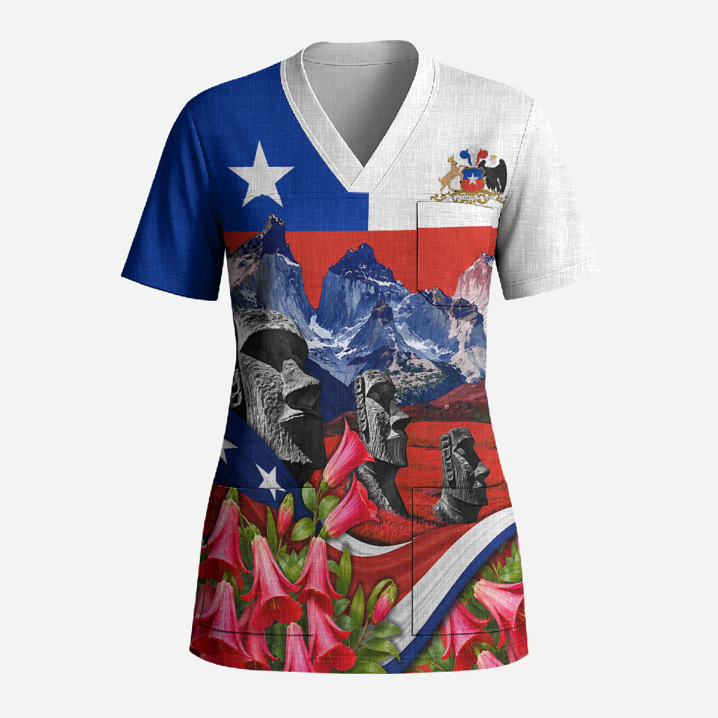 Chile Moai Statues And Andean Mountains Scrub Top Patriotic National Symbols Copihue Flower Art