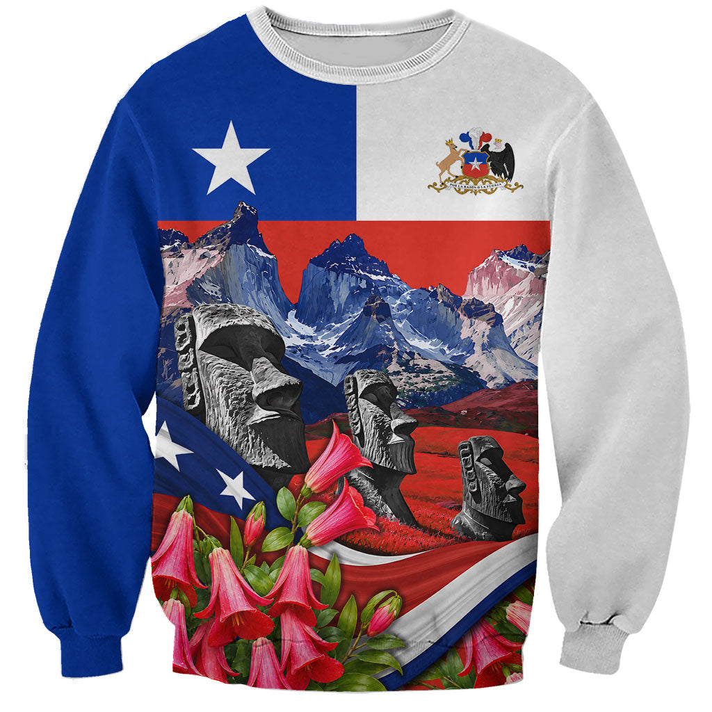 Chile Moai Statues And Andean Mountains Sweatshirt Patriotic National Symbols Copihue Flower Art