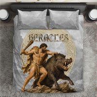 Greek Mythology Heracles Bedding Set Erymanthian Boar Classical Art Greek Key Pattern