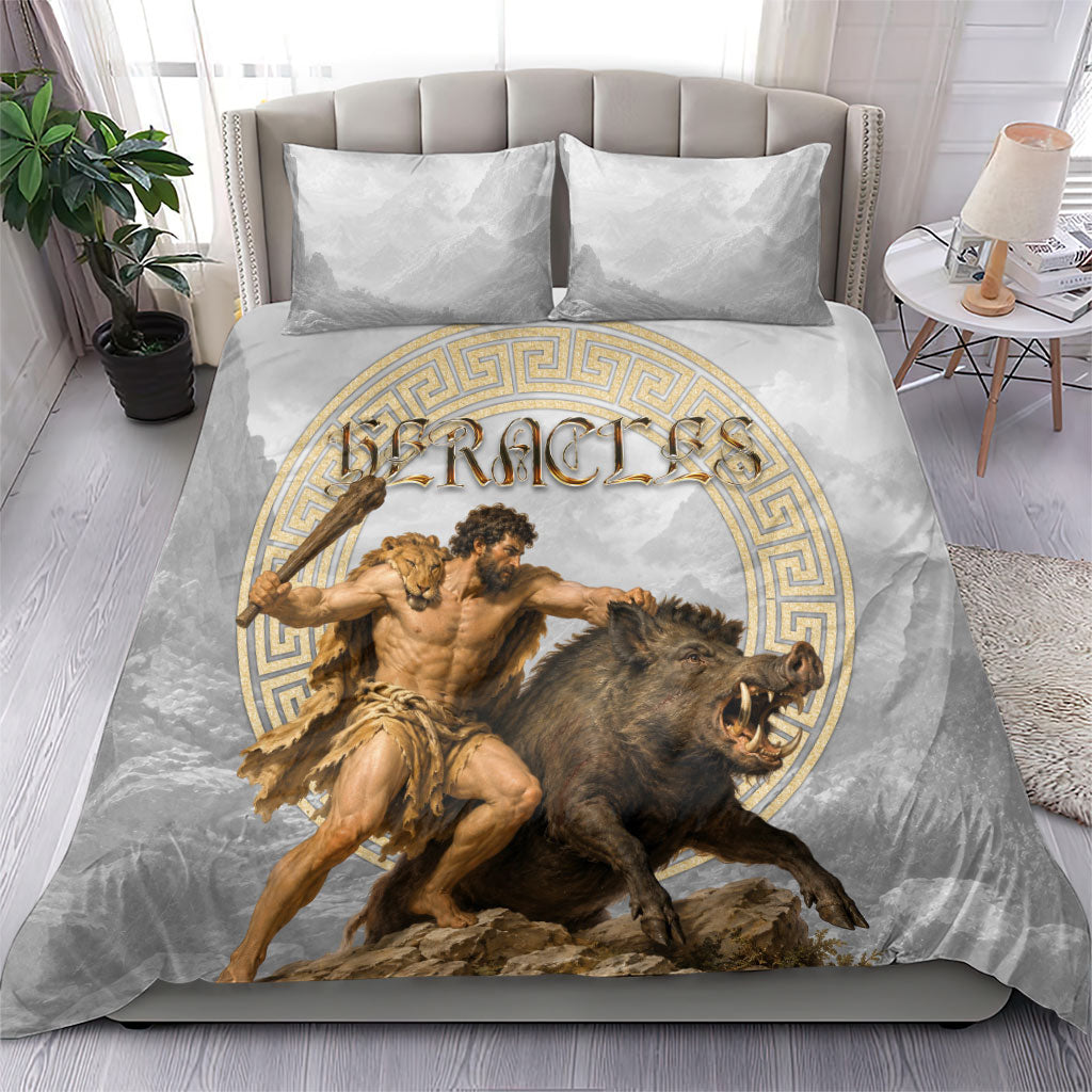 Greek Mythology Heracles Bedding Set Erymanthian Boar Classical Art Greek Key Pattern