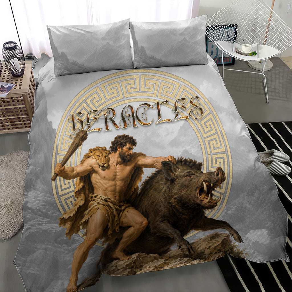 Greek Mythology Heracles Bedding Set Erymanthian Boar Classical Art Greek Key Pattern