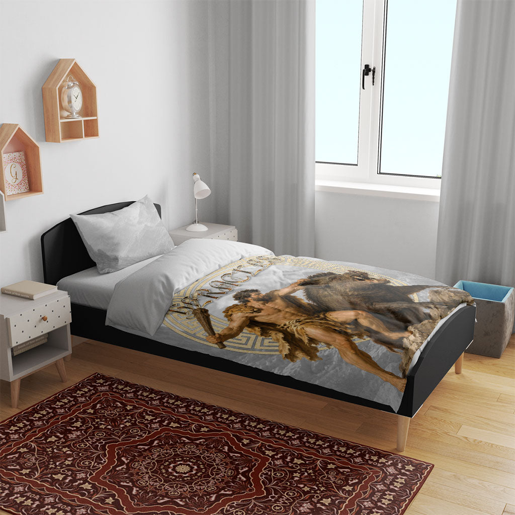 Greek Mythology Heracles Bedding Set Erymanthian Boar Classical Art Greek Key Pattern