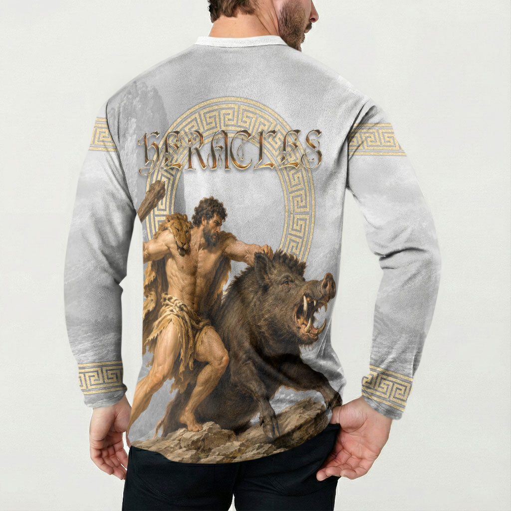 Greek Mythology Heracles Button Sweatshirt Erymanthian Boar Classical Art Greek Key Pattern