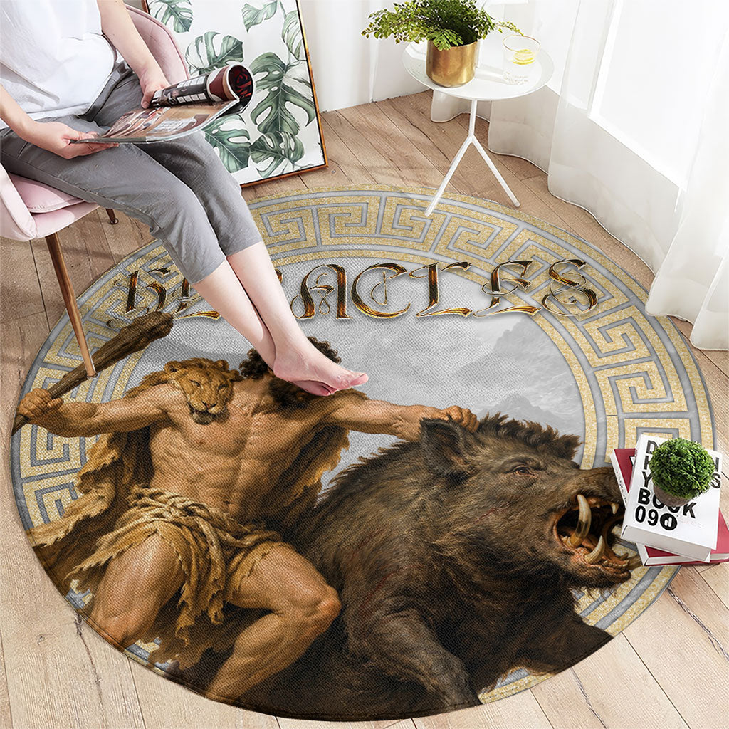 Greek Mythology Heracles Round Carpet Erymanthian Boar Classical Art Greek Key Pattern