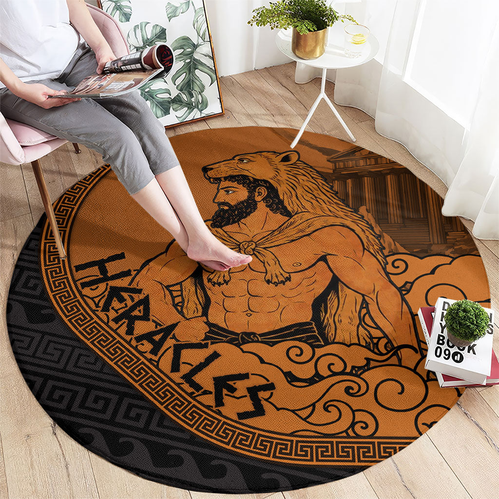 Greek Mythology Heracles Round Carpet Nemean Lion Pegasus Classical Art Greek Key Pattern