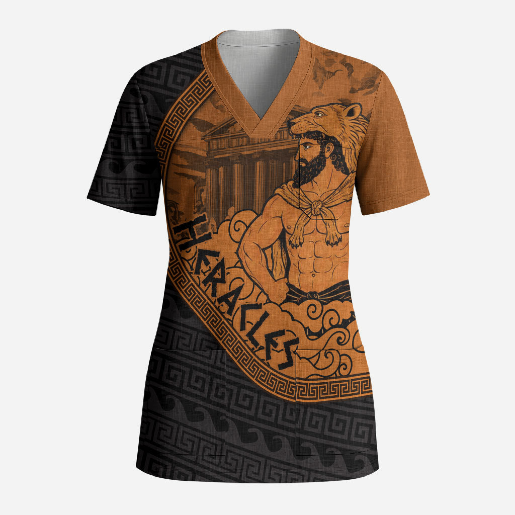Greek Mythology Heracles Scrub Top Nemean Lion Pegasus Classical Art Greek Key Pattern