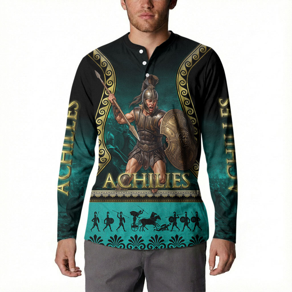 Achilles Greek Warrior Button Sweatshirt Ancient Mythology Battle Graphic