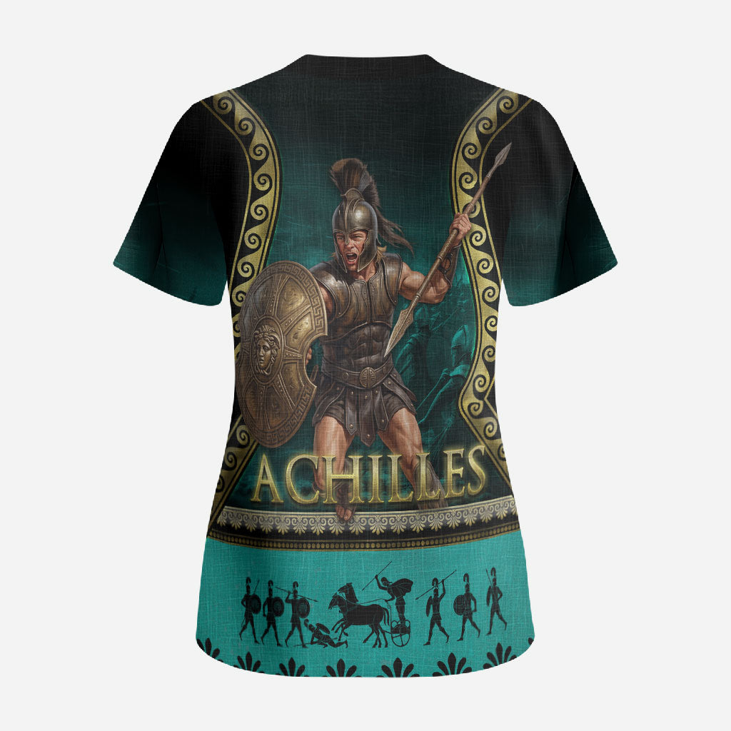 Achilles Greek Warrior Scrub Top Ancient Mythology Battle Graphic