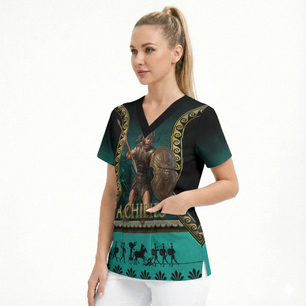 Achilles Greek Warrior Scrub Top Ancient Mythology Battle Graphic