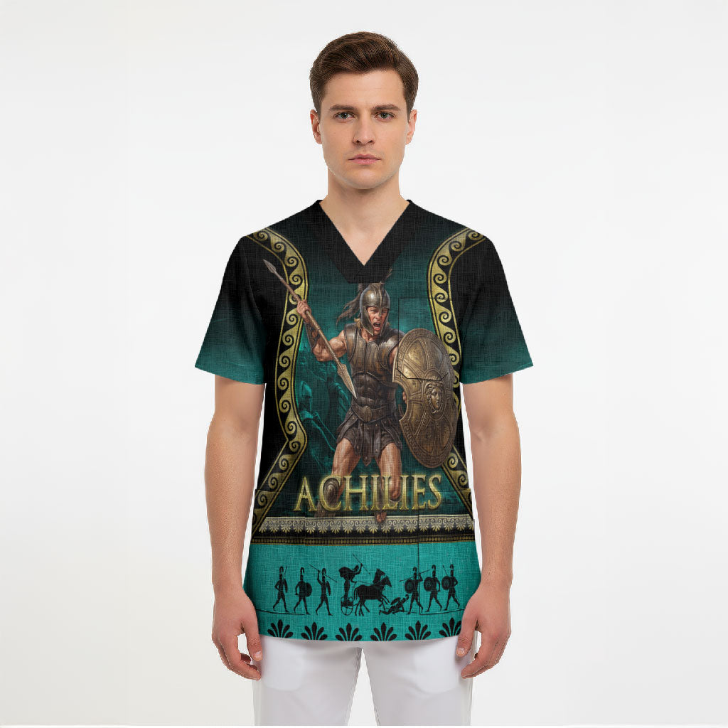 Achilles Greek Warrior Scrub Top Ancient Mythology Battle Graphic