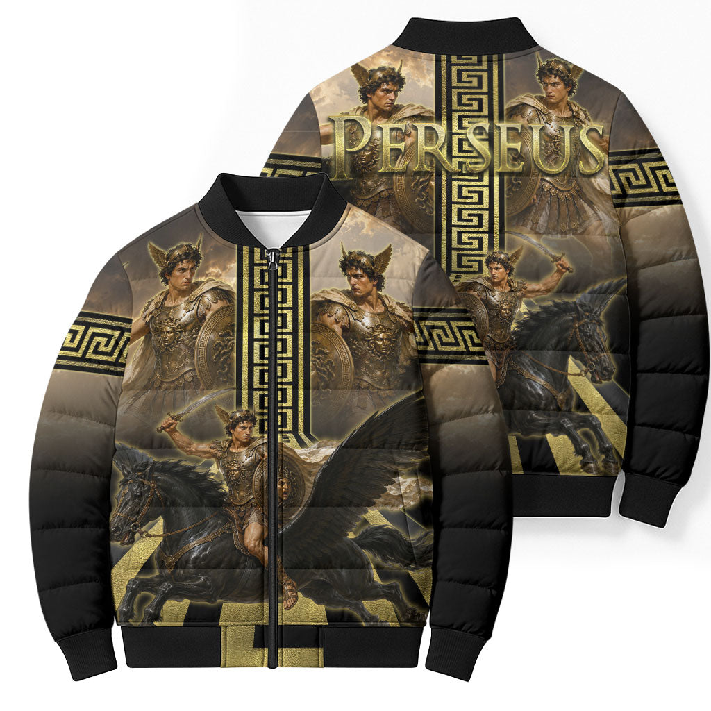 Perseus Greek Mythology Bomber Puffer Jacket Ancient Greece Warrior Legend Pegasus Classical Art