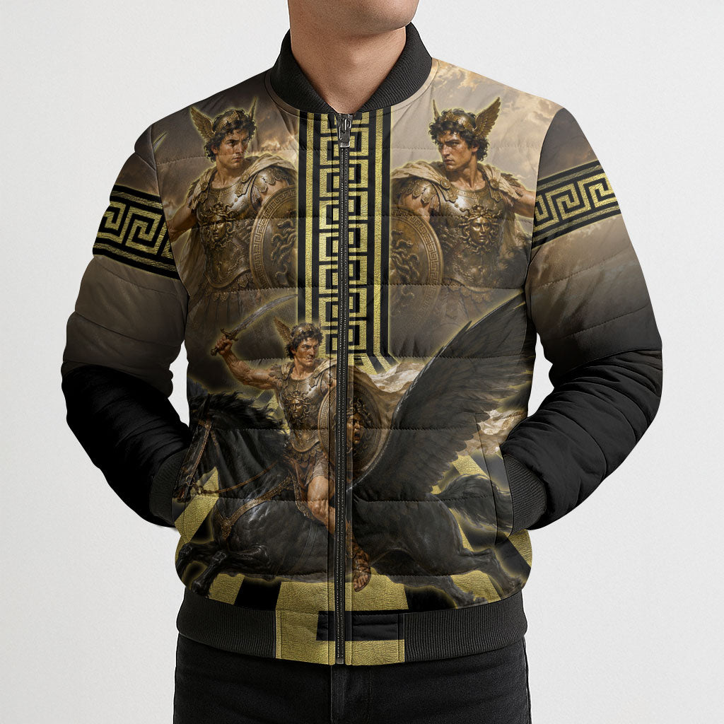 Perseus Greek Mythology Bomber Puffer Jacket Ancient Greece Warrior Legend Pegasus Classical Art