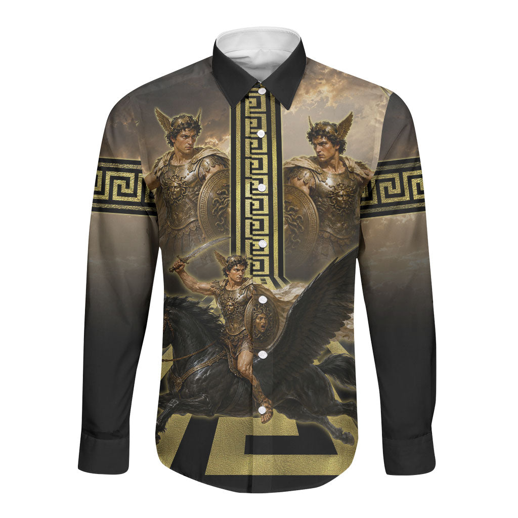 Perseus Greek Mythology Long Sleeve Button Shirt Ancient Greece Warrior Legend Pegasus Classical Art