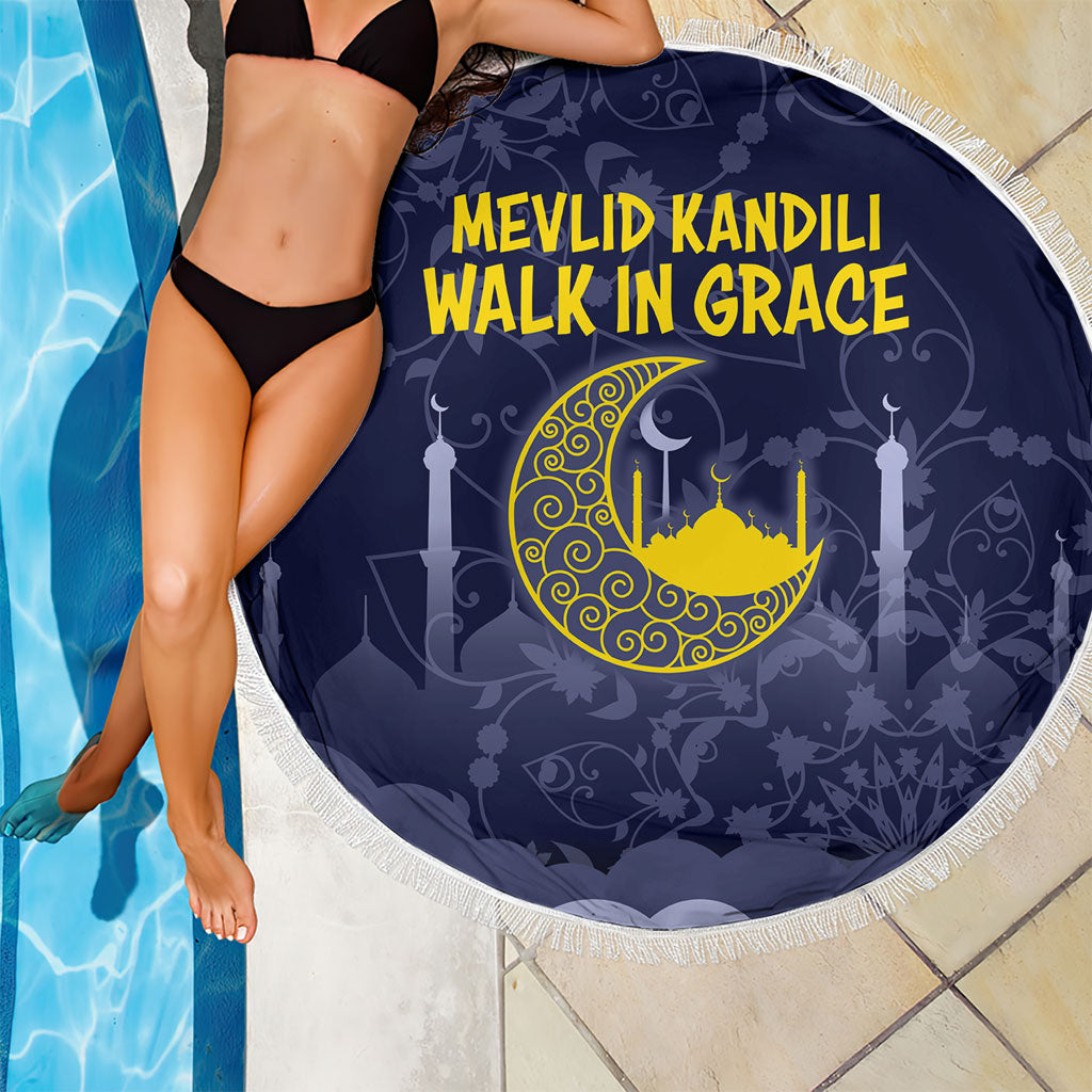 Mevlid Kandili Islamic Mosque Crescent Beach Blanket Islamic Floral Pattern Crescent Moon Night