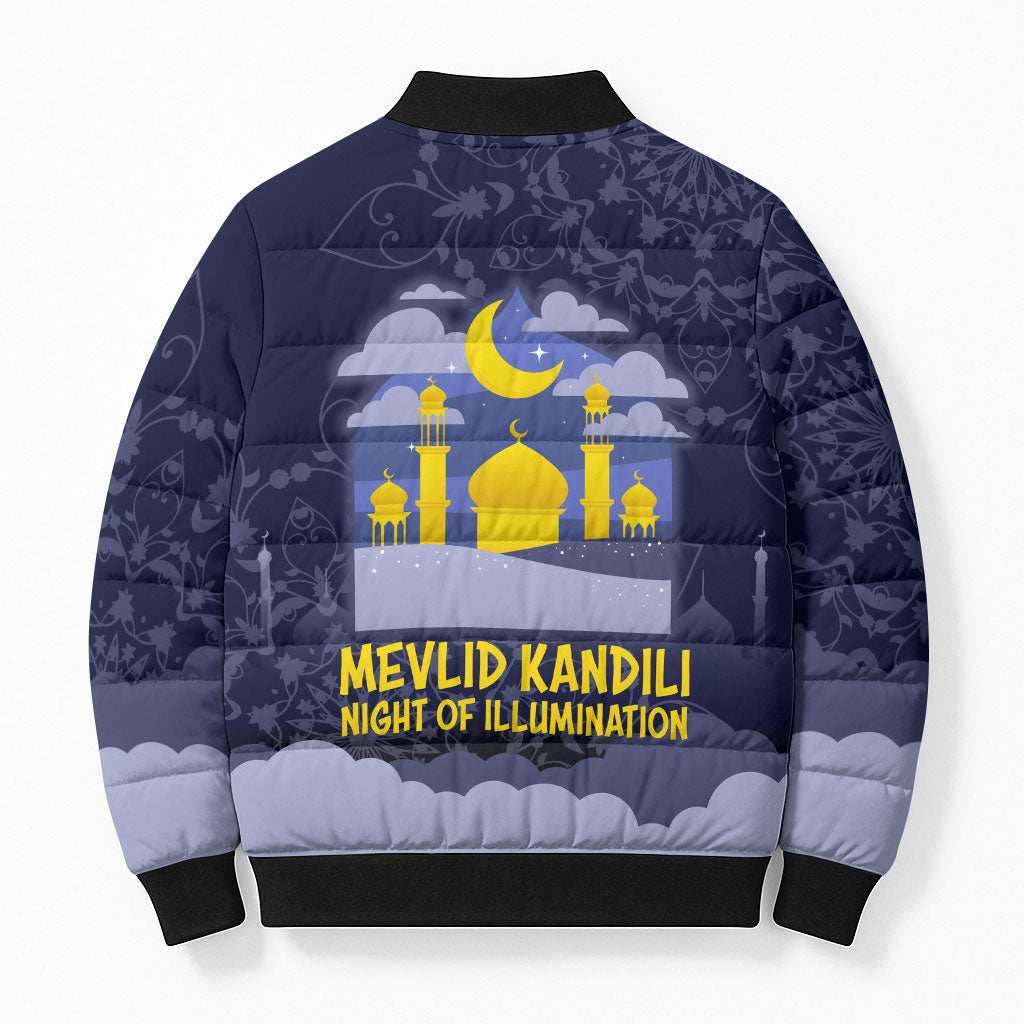 Mevlid Kandili Islamic Mosque Crescent Bomber Puffer Jacket Islamic Floral Pattern Crescent Moon Night