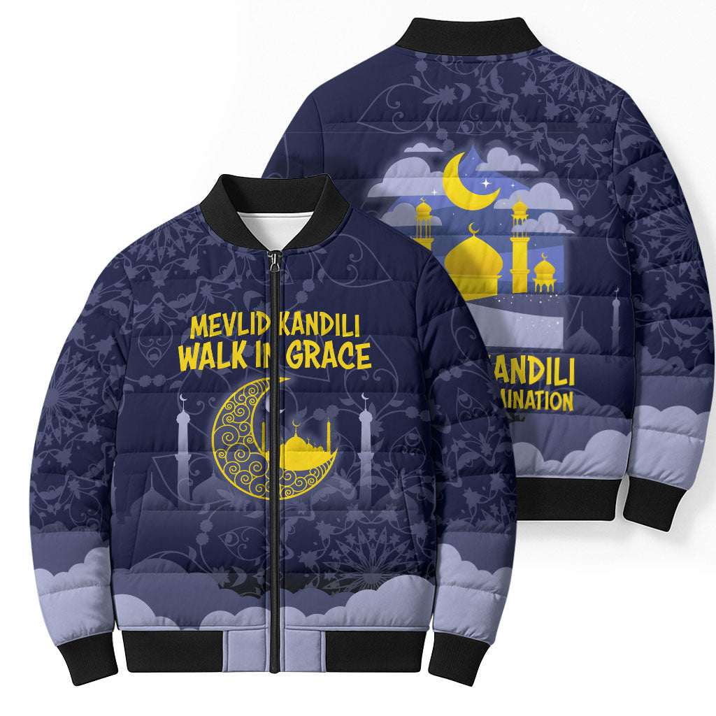 Mevlid Kandili Islamic Mosque Crescent Bomber Puffer Jacket Islamic Floral Pattern Crescent Moon Night