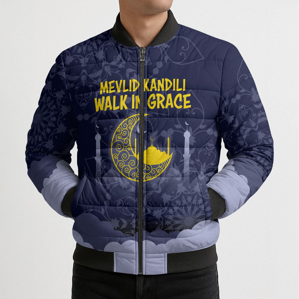 Mevlid Kandili Islamic Mosque Crescent Bomber Puffer Jacket Islamic Floral Pattern Crescent Moon Night