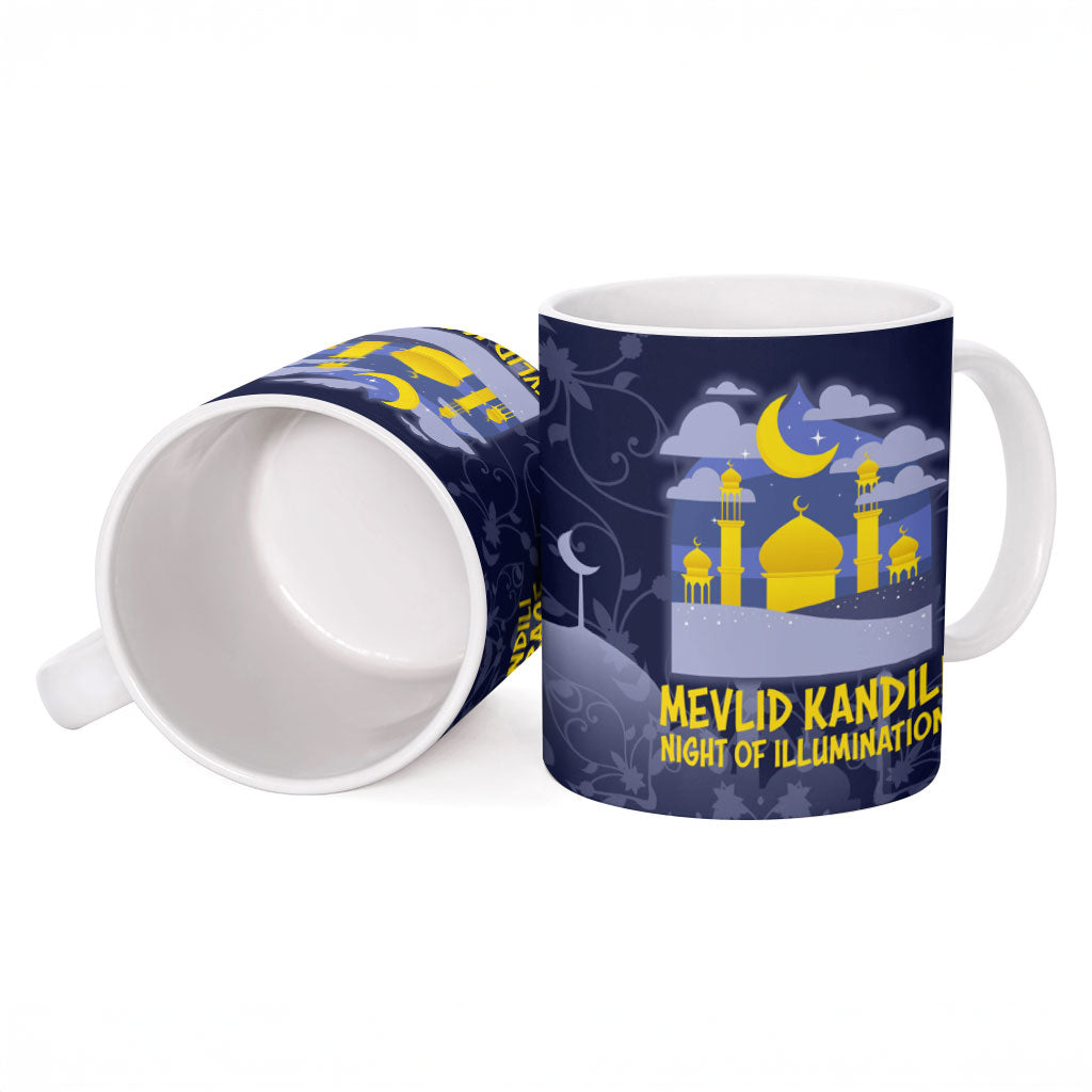 Mevlid Kandili Islamic Mosque Crescent Ceramic Mug Islamic Floral Pattern Crescent Moon Night