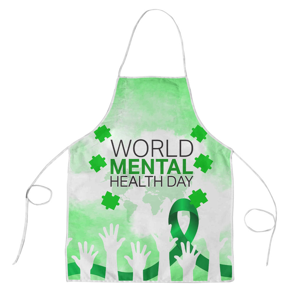 World Mental Health Day Apron Green Ribbon Brain Puzzle Piece Watercolor