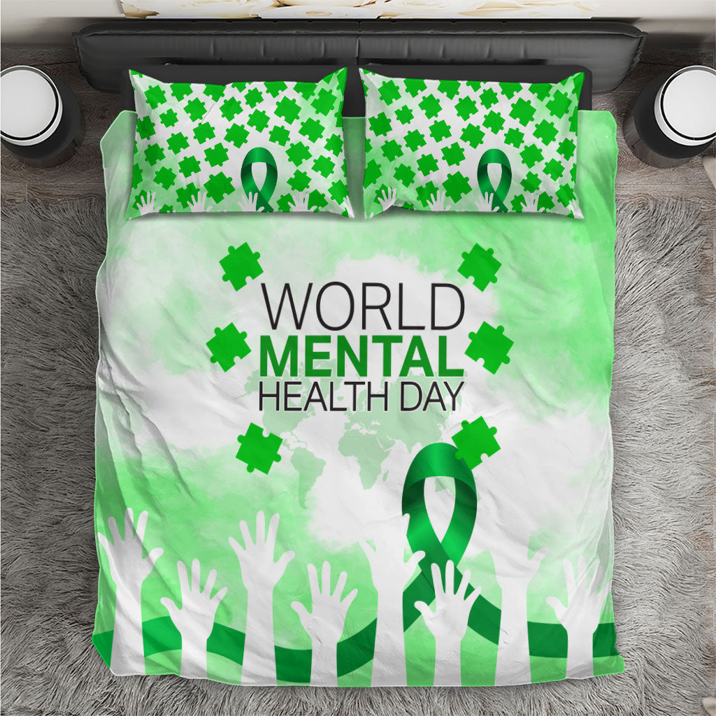 World Mental Health Day Bedding Set Green Ribbon Brain Puzzle Piece Watercolor