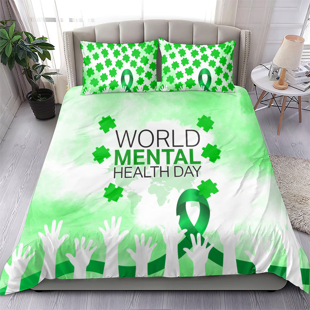 World Mental Health Day Bedding Set Green Ribbon Brain Puzzle Piece Watercolor