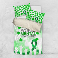 World Mental Health Day Bedding Set Green Ribbon Brain Puzzle Piece Watercolor