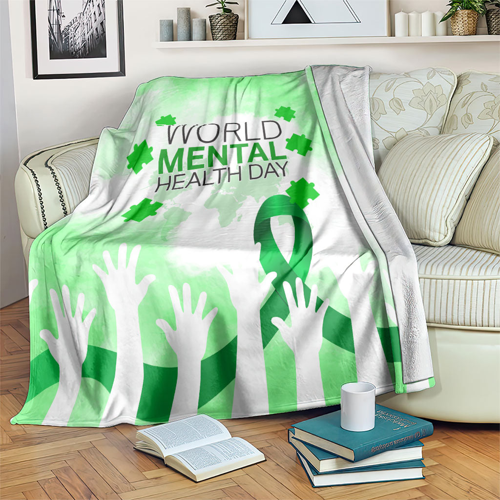 World Mental Health Day Blanket Green Ribbon Brain Puzzle Piece Watercolor