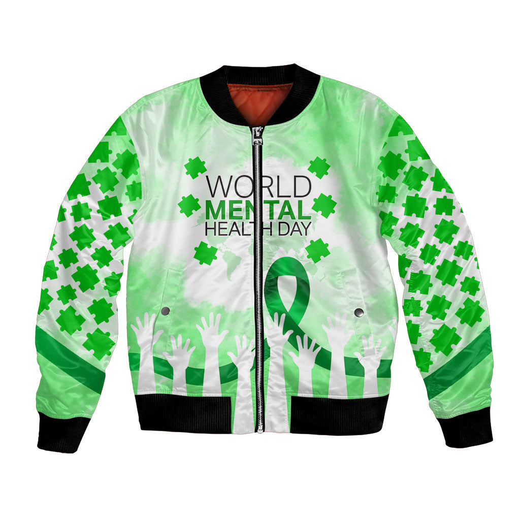 World Mental Health Day Bomber Jacket Green Ribbon Brain Puzzle Piece Watercolor