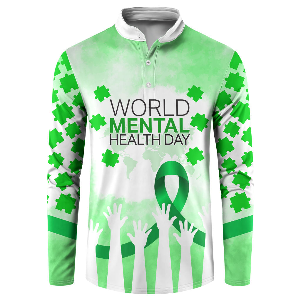 World Mental Health Day Button Sweatshirt Green Ribbon Brain Puzzle Piece Watercolor