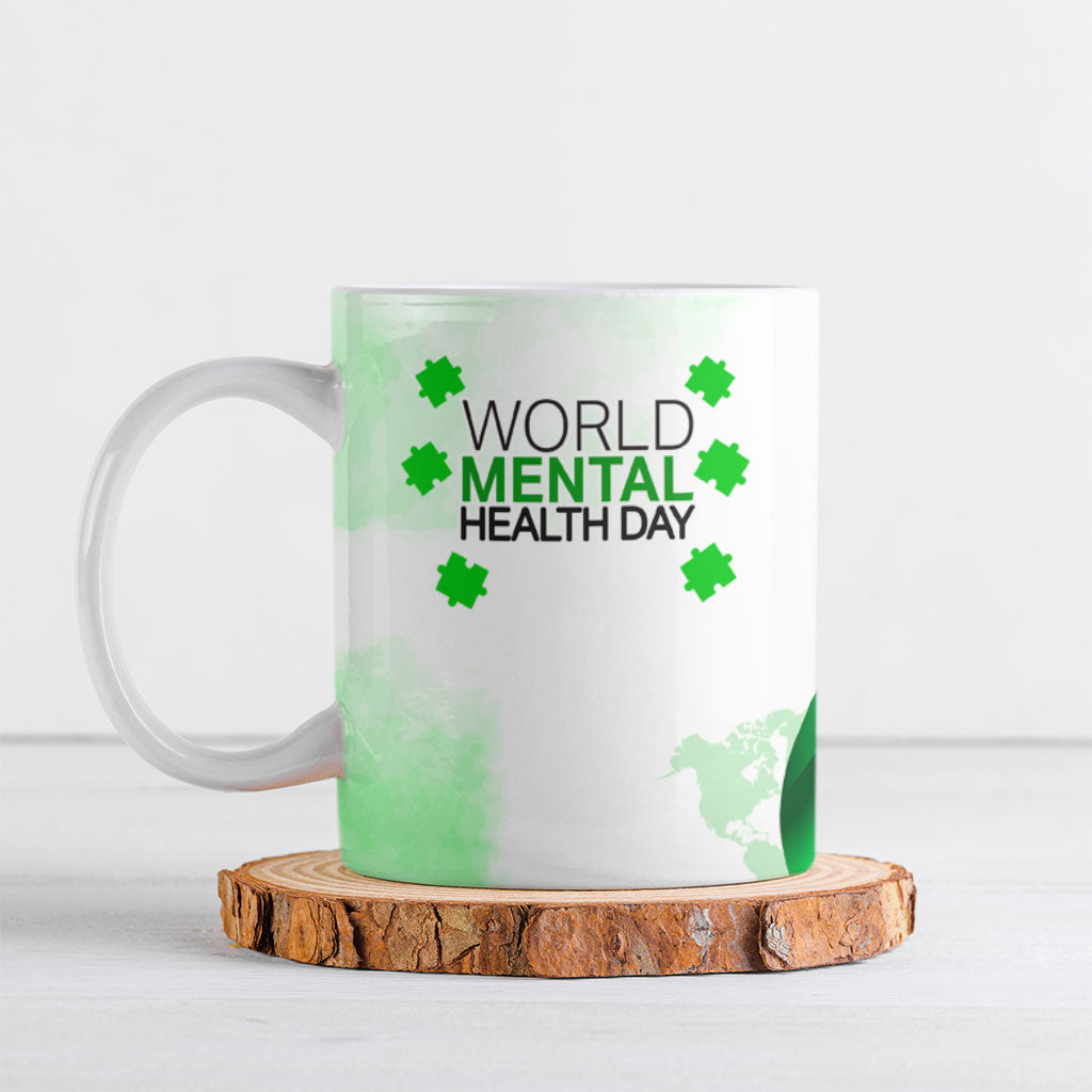 World Mental Health Day Ceramic Mug Green Ribbon Brain Puzzle Piece Watercolor