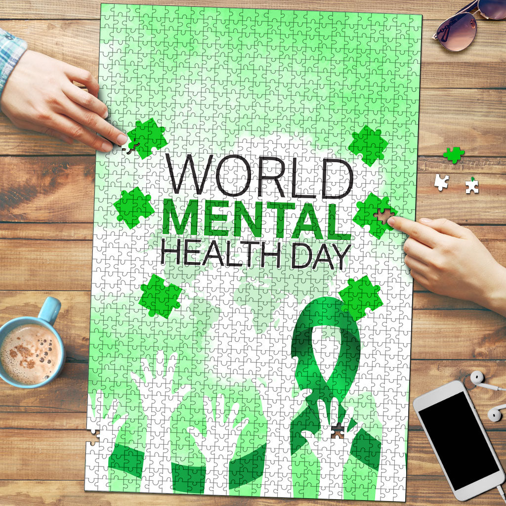 World Mental Health Day Puzzle Green Ribbon Brain Puzzle Piece Watercolor