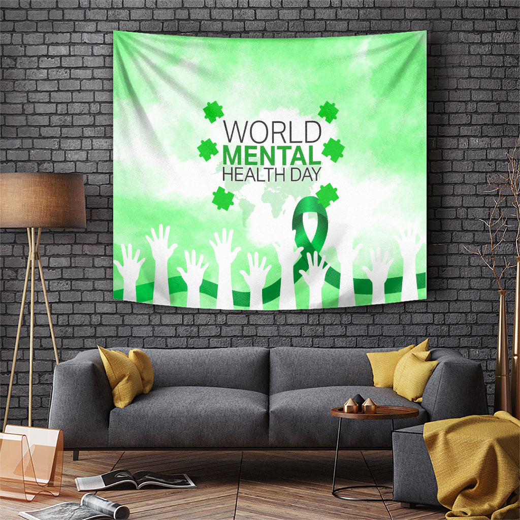 World Mental Health Day Tapestry Green Ribbon Brain Puzzle Piece Watercolor